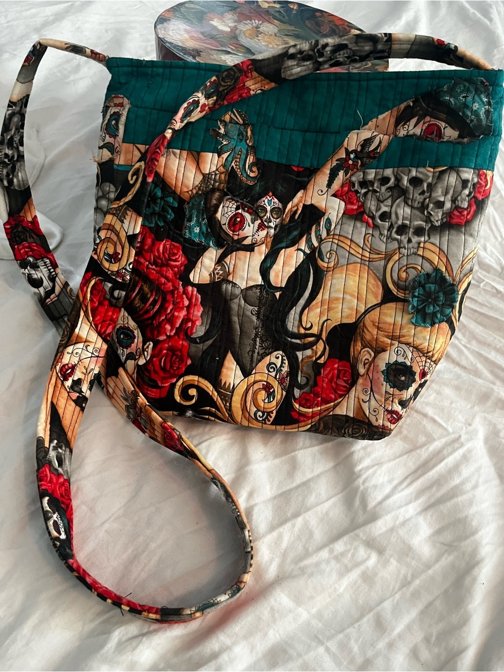 Quilted Day of the Dead Floral Tote Bag in Teal and Red